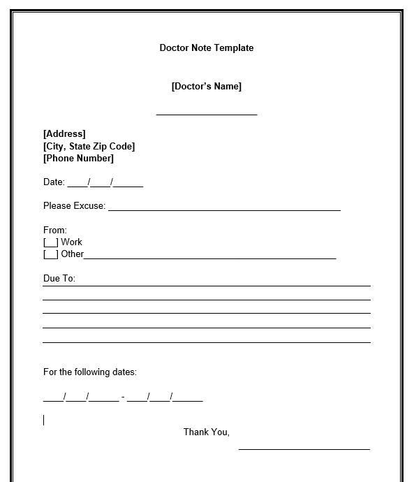 Doctors Note for Work Template