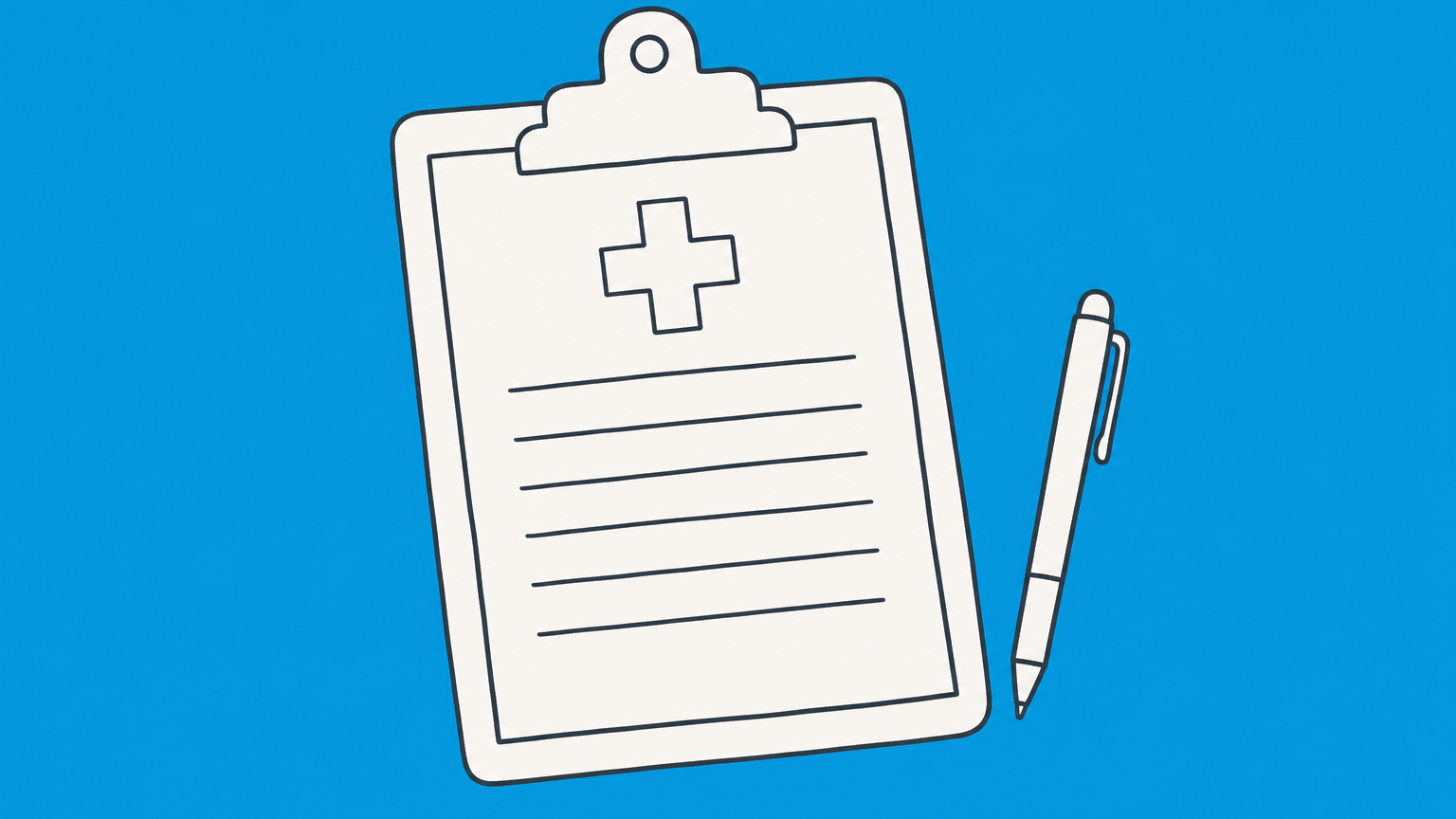 Flat illustration of a clipboard holding a medical note beside a pen, representing a doctor's note for work