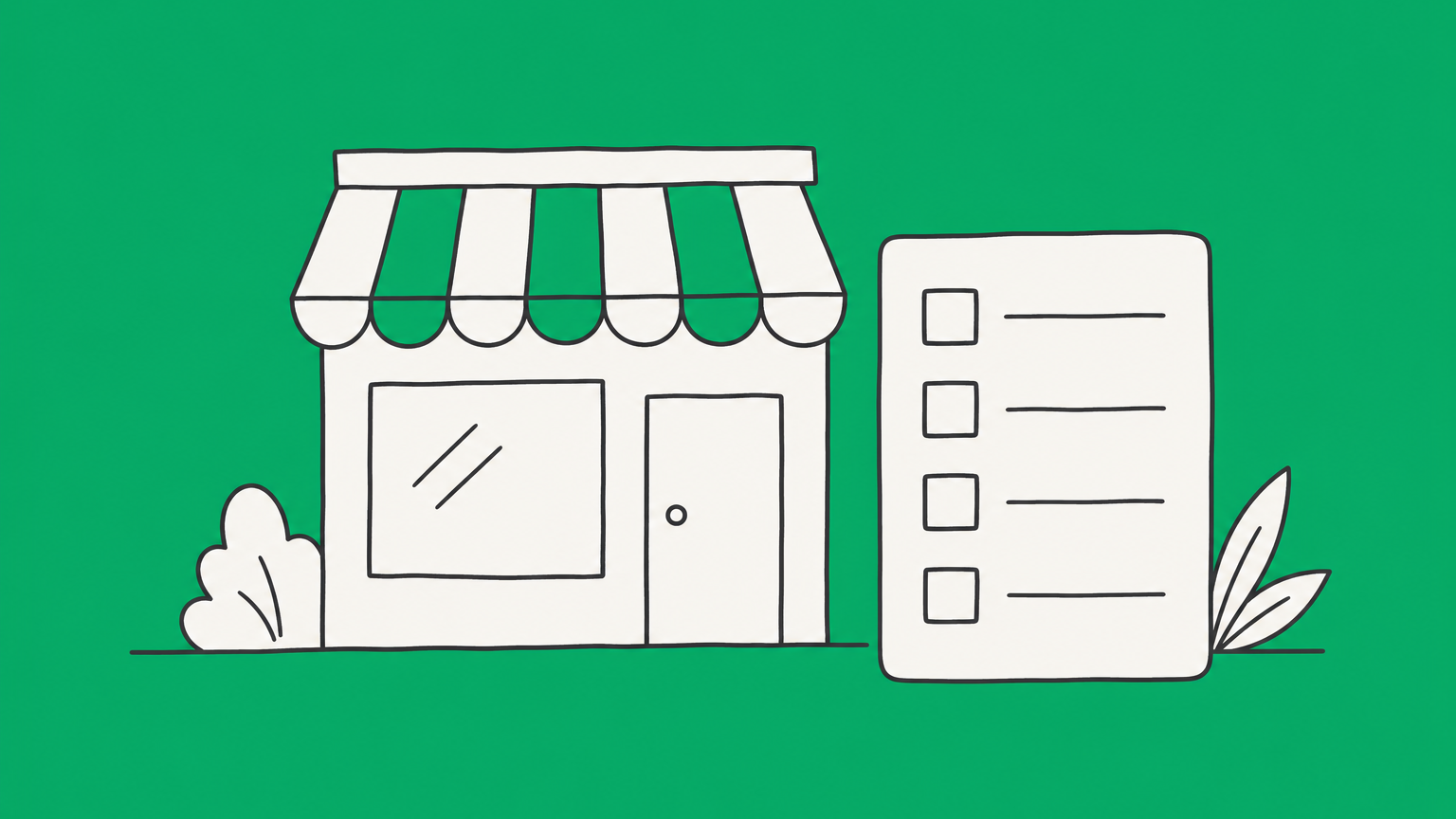 Flat illustration of a small storefront beside a checklist, representing whether a business needs a license