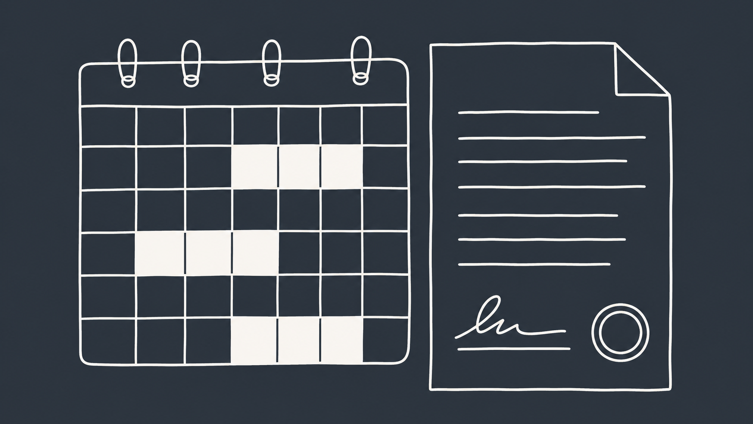 Flat illustration of a calendar with three highlighted months beside a signed employment contract, representing a 3 month probation period