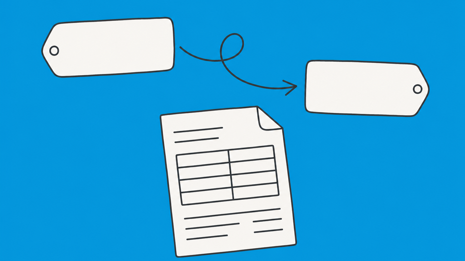 Flat illustration of two name tags connected by an arrow above a tax document, representing an IRS business name change