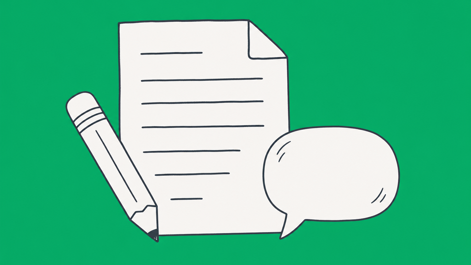 Flat illustration of a document with a pencil and speech bubble, representing writing a business description