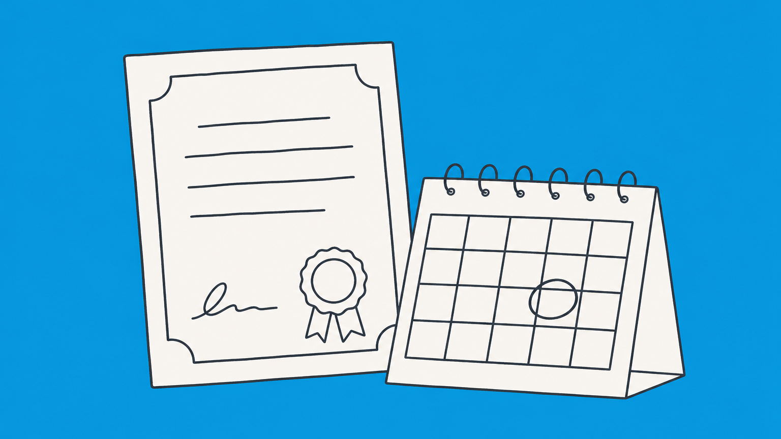 Flat illustration of a certificate beside a calendar with one circled day, representing a date of incorporation