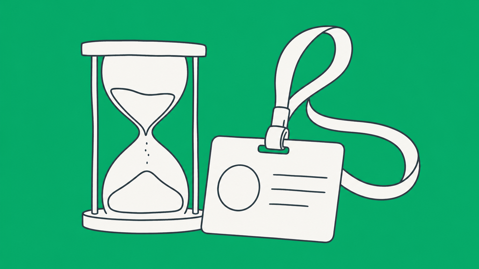 Flat illustration of an hourglass beside an employee ID badge, representing a 90 day probation period