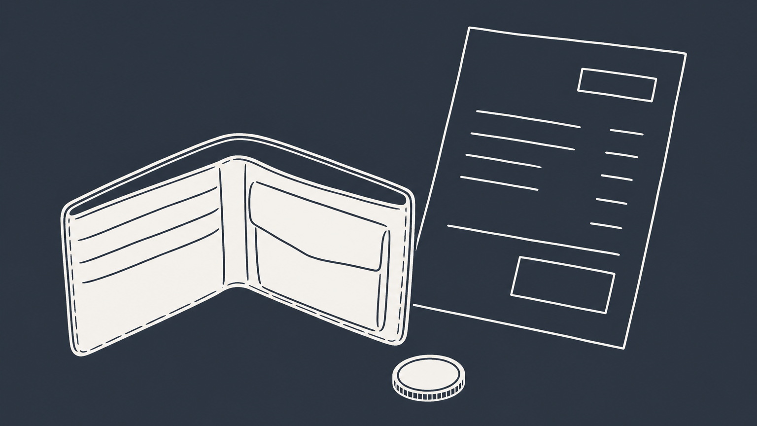 Flat illustration of an empty wallet beside an unpaid invoice and a coin, representing an independent contractor not paid for work