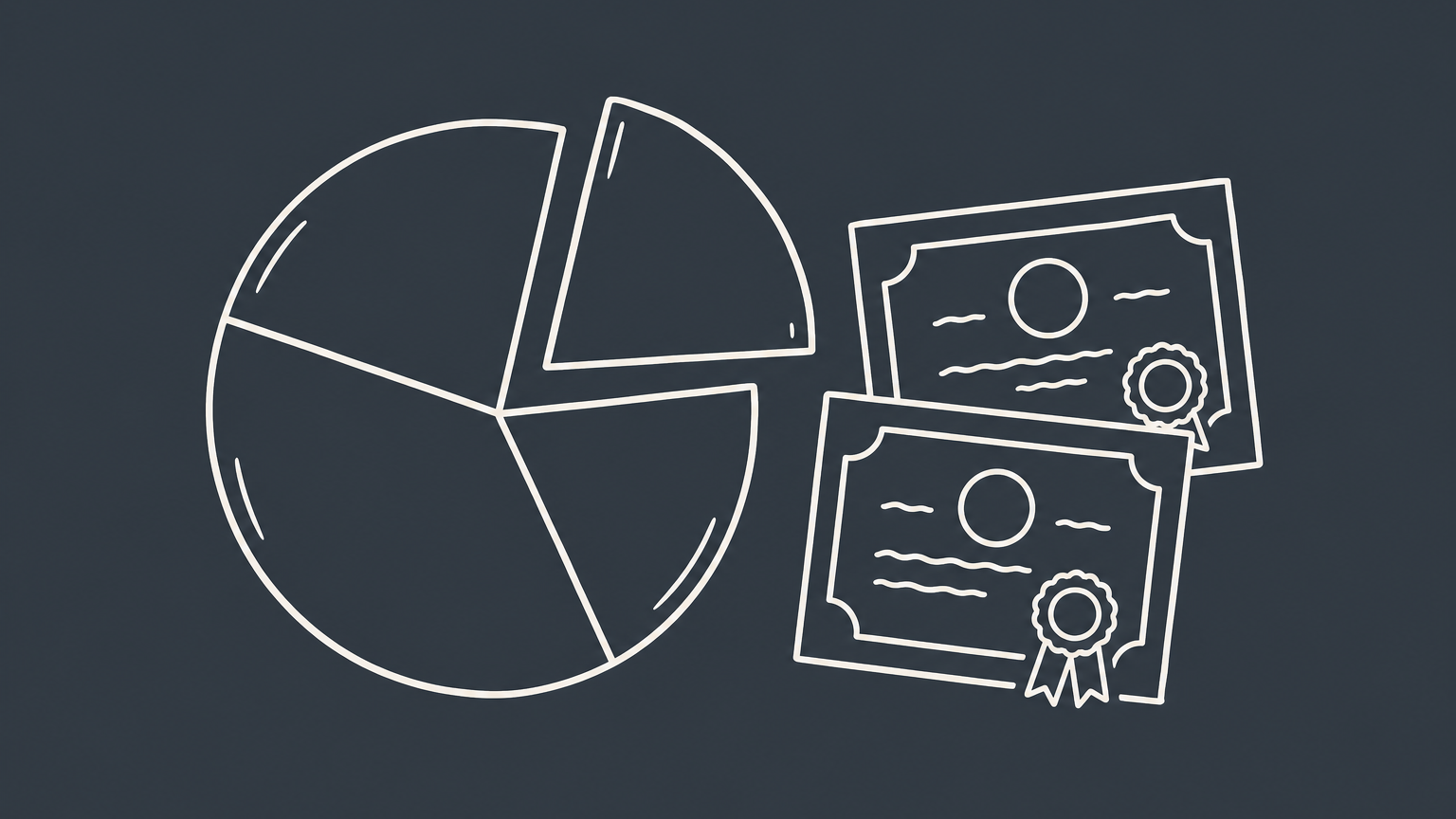 Flat illustration of a pie chart with one slice pulled out beside stock certificates, representing company share counts