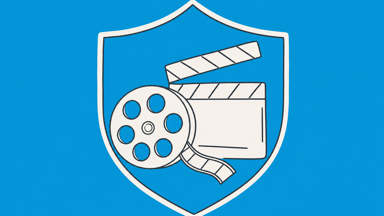 Flat illustration of a shield over a film reel and clapperboard, representing copyright protection of entertainment works
