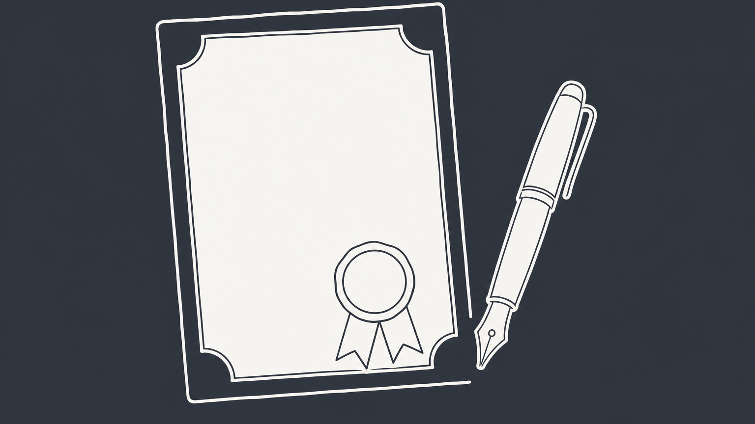 Flat illustration of a certificate with a ribbon seal beside a fountain pen, representing a certified name change document
