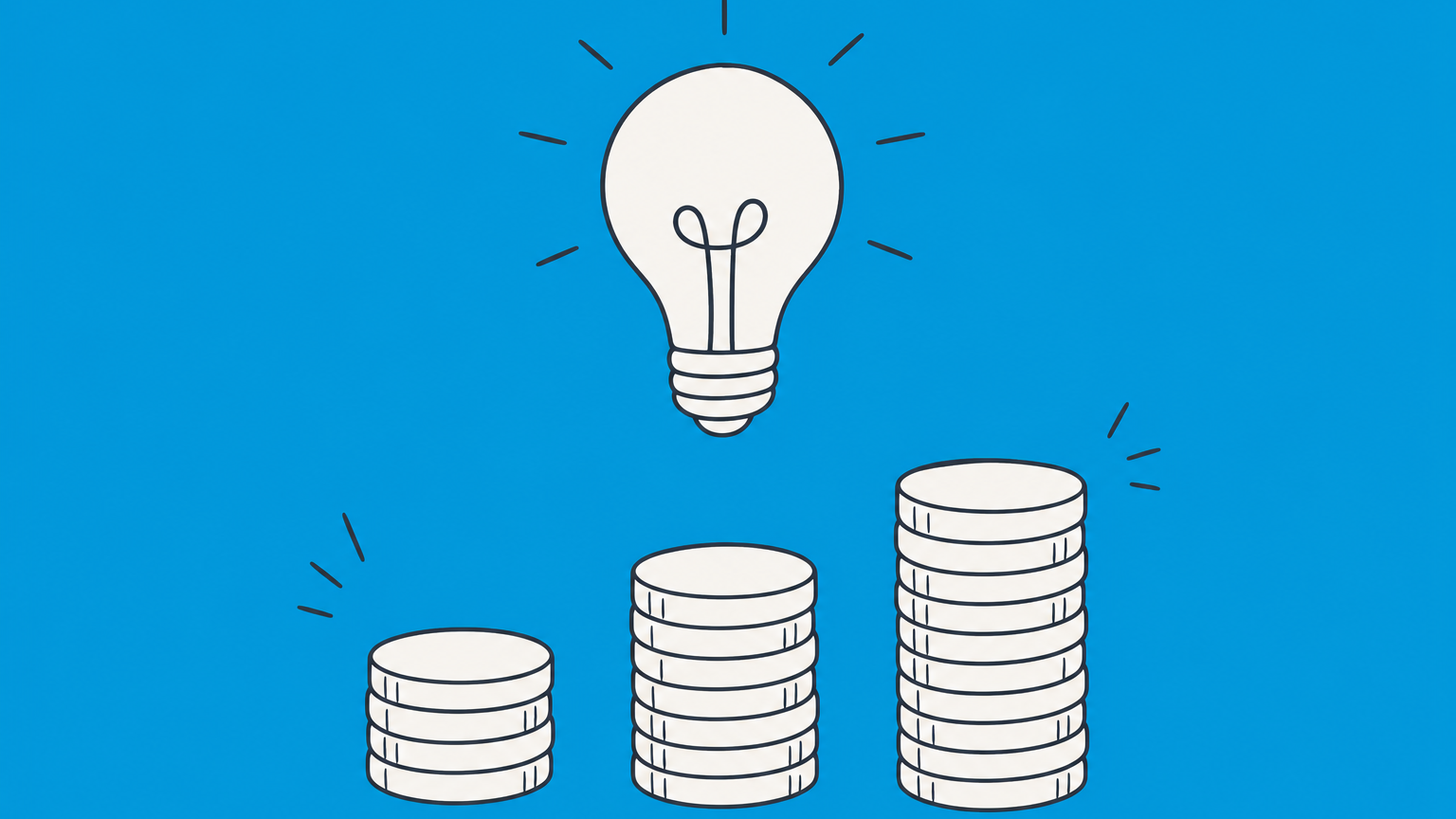 Flat illustration of a lightbulb above stacks of coins, representing patent licensing royalty rates