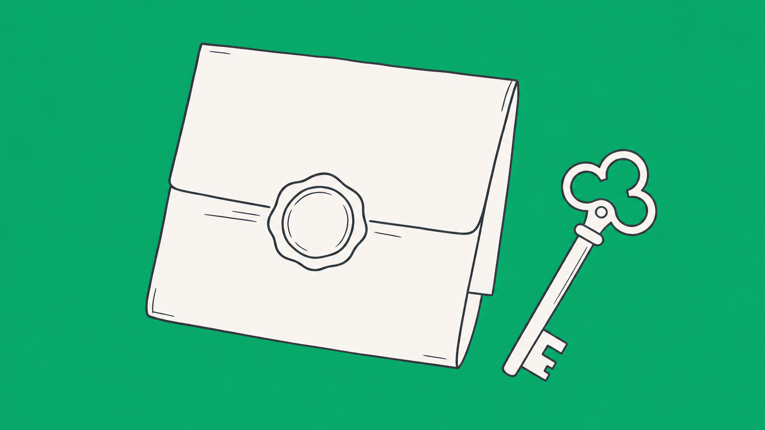 Flat illustration of a sealed document beside a key, representing proof of business ownership