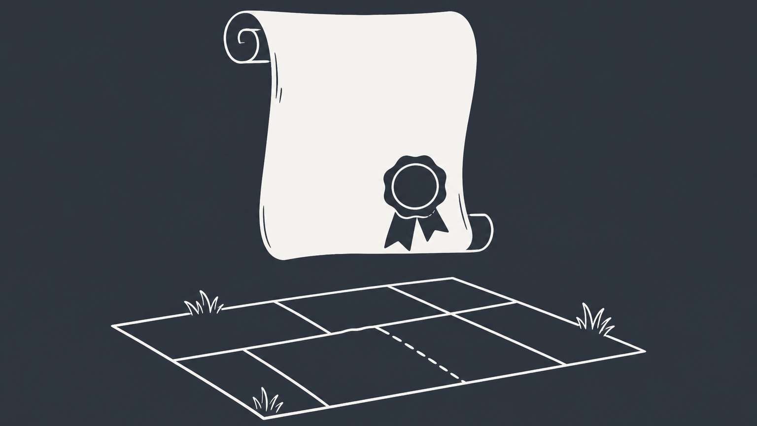 Flat illustration of a parchment scroll with a wax seal above a plot of land, representing a land patent
