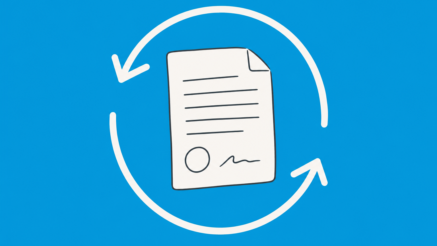 Flat illustration of a contract inside a broken renewal arrow, representing a contract not renewed