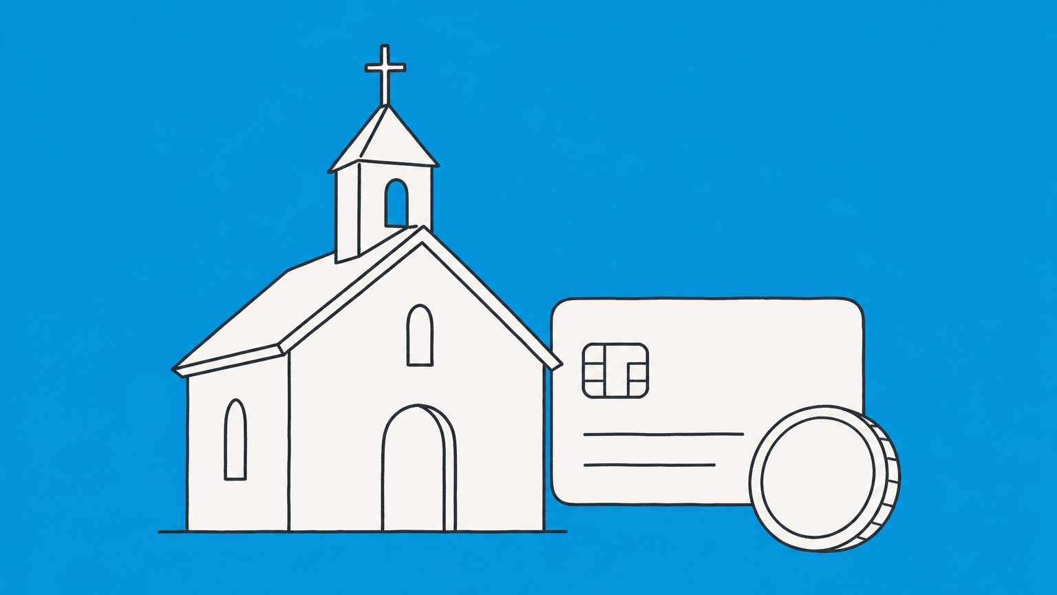 Flat illustration of a chapel beside a bank card and coin, representing opening a church bank account