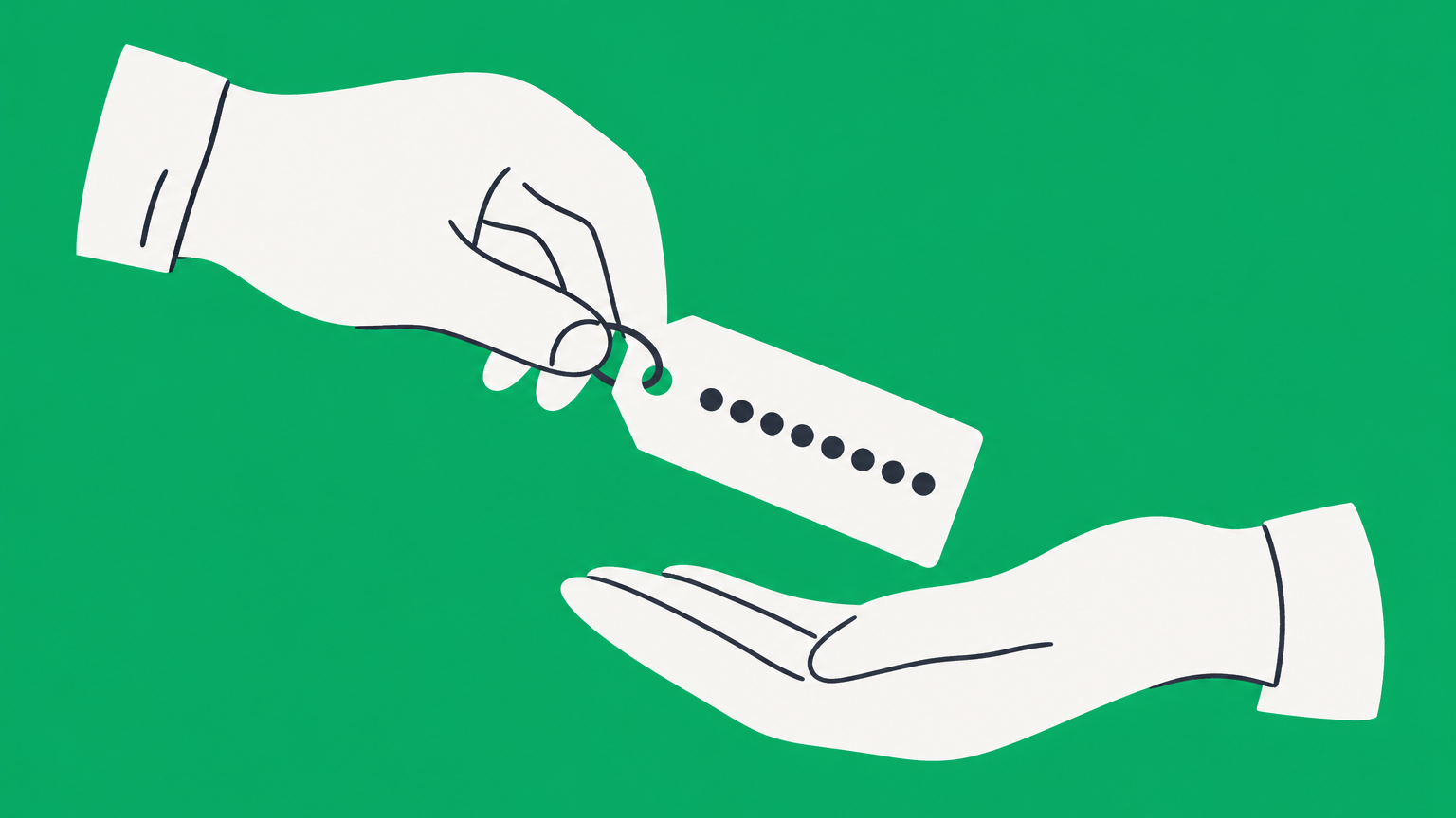 Flat illustration of two hands exchanging a numbered tag, representing transferring an EIN to a new owner