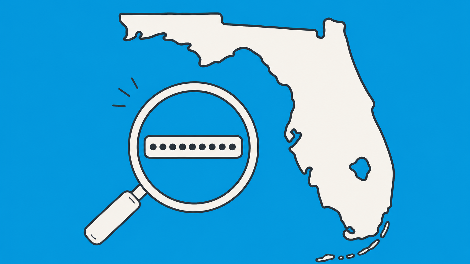 Flat illustration of the Florida peninsula beside a magnifying glass over a number strip, representing a Florida EIN lookup