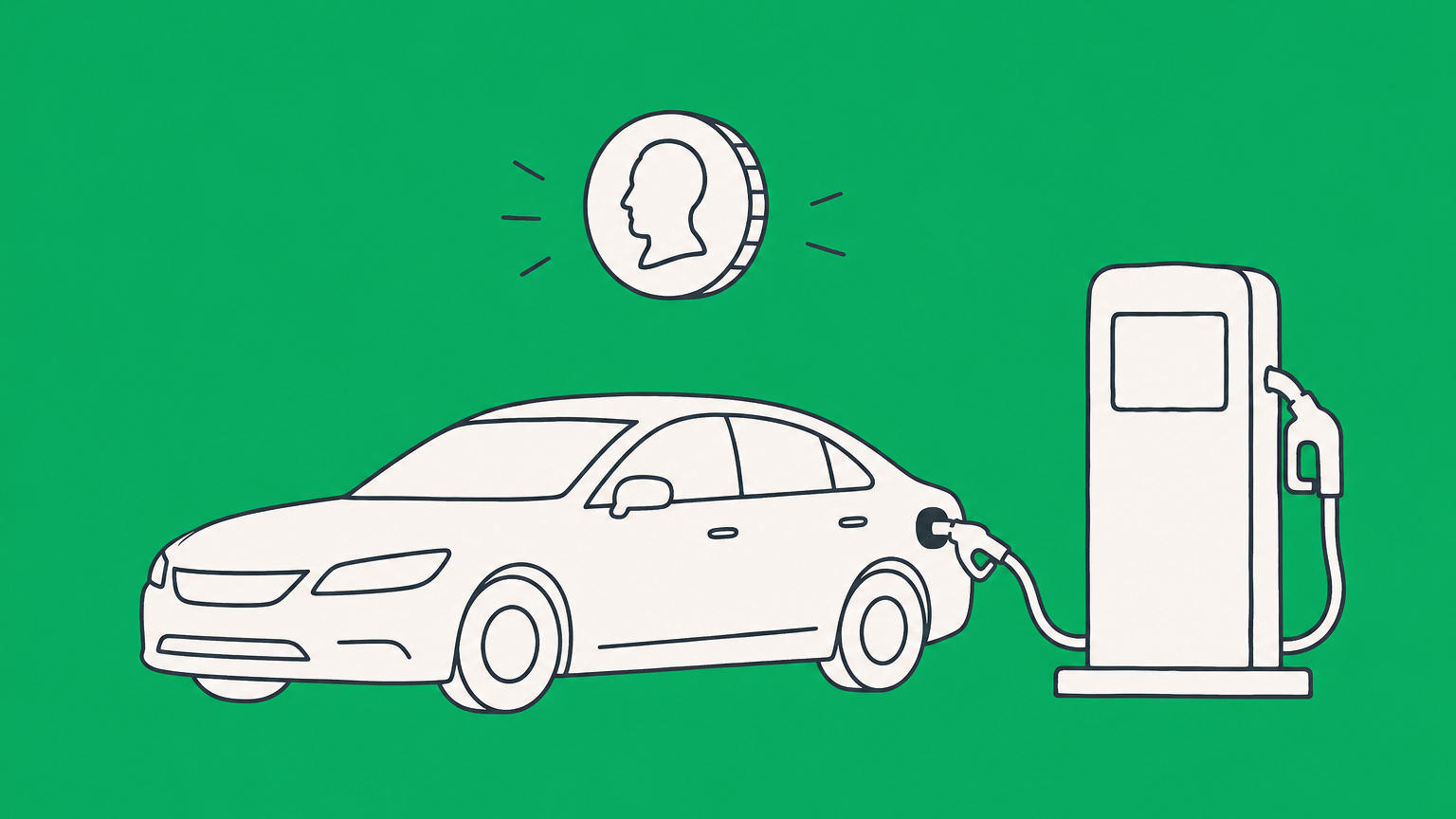 Flat illustration of a car beside a fuel pump with a coin, representing compensation for using a personal vehicle for work