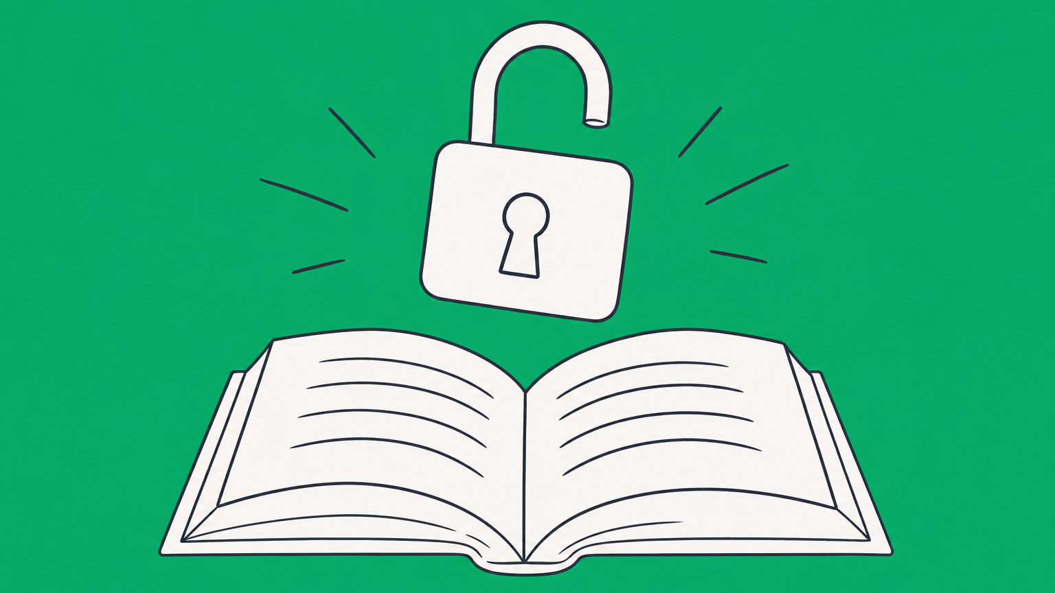 Flat illustration of an open book with an open padlock above it, representing published works not protected by copyright