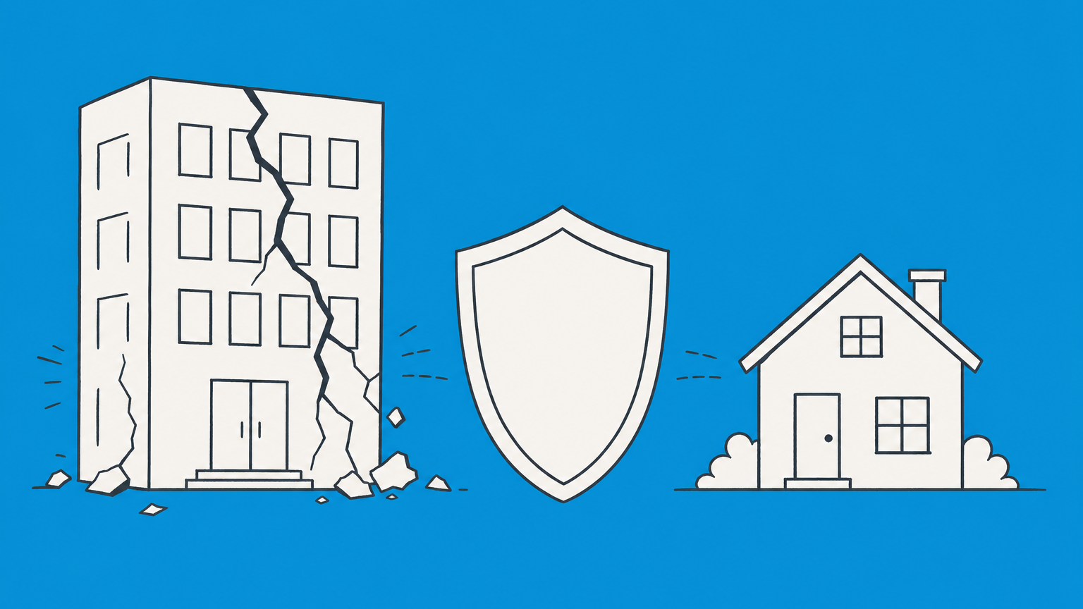 Flat illustration of a cracked office building separated by a shield from an intact house, representing S corp bankruptcy and personal liability protection