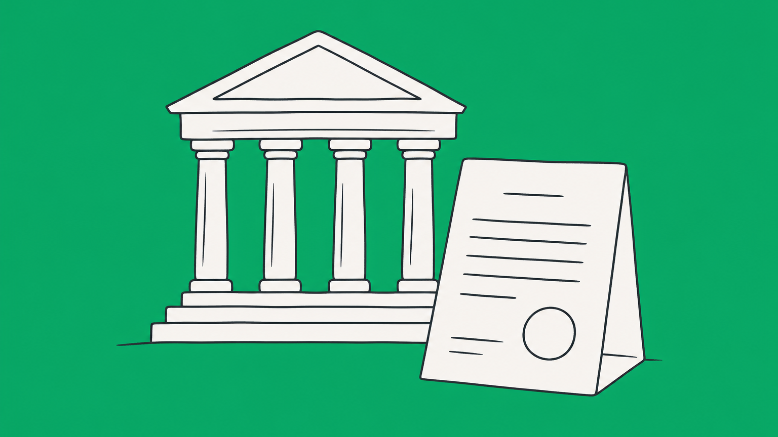 Flat illustration of a courthouse beside a folded court order, representing a commitment charge on a jail record