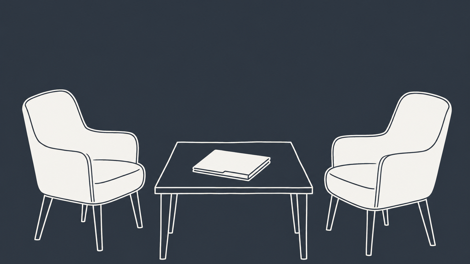 Flat illustration of two chairs facing across a desk with a document folder, representing an I-485 interview