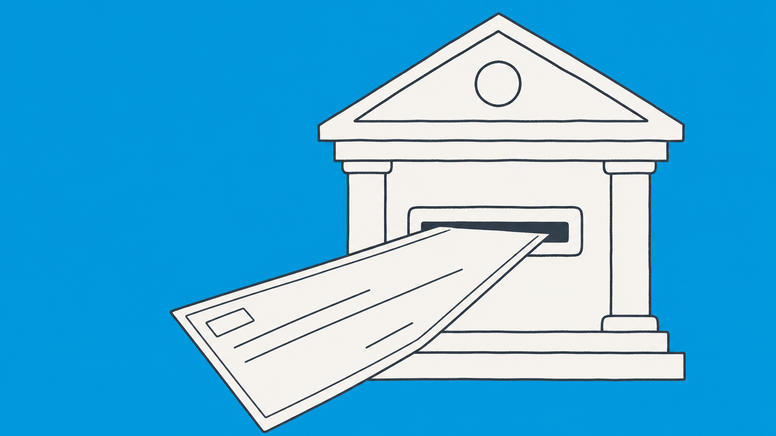 Flat illustration of a check sliding into a bank deposit slot, representing depositing a personal check into a business account