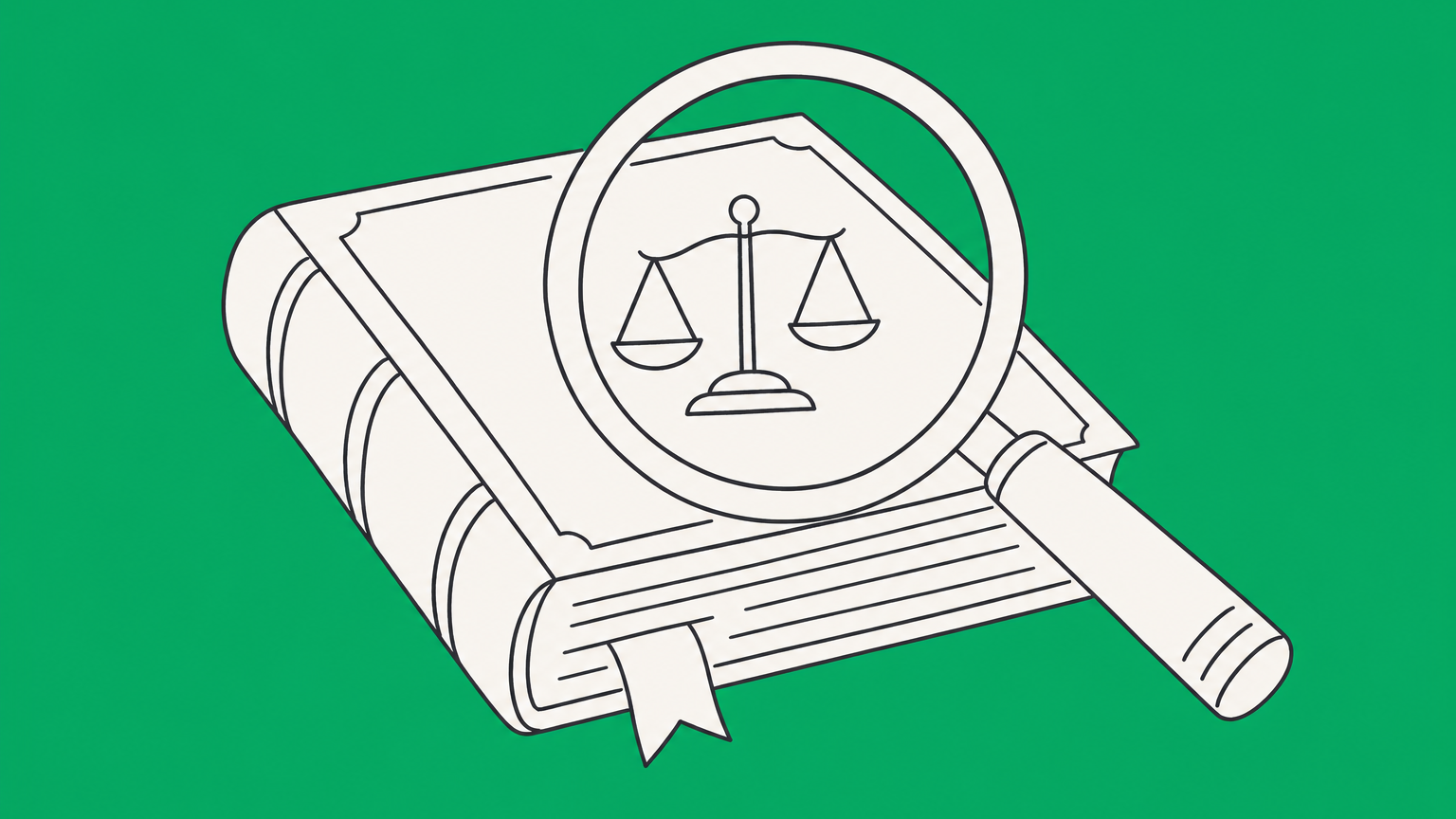 Flat illustration of a rulebook under a magnifying glass, representing finding nonprofit bylaws