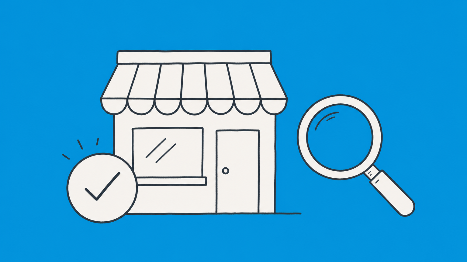 Flat illustration of a storefront with a check-mark badge and magnifying glass, representing checking LLC status