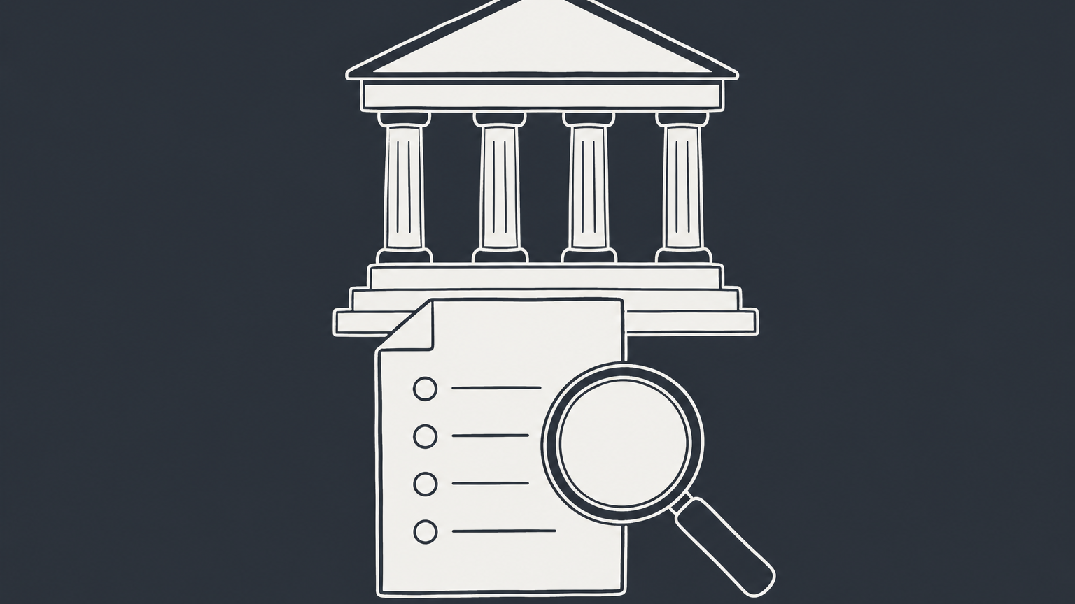 Flat illustration of a government building above a list document with a magnifying glass, representing an IRS business name search