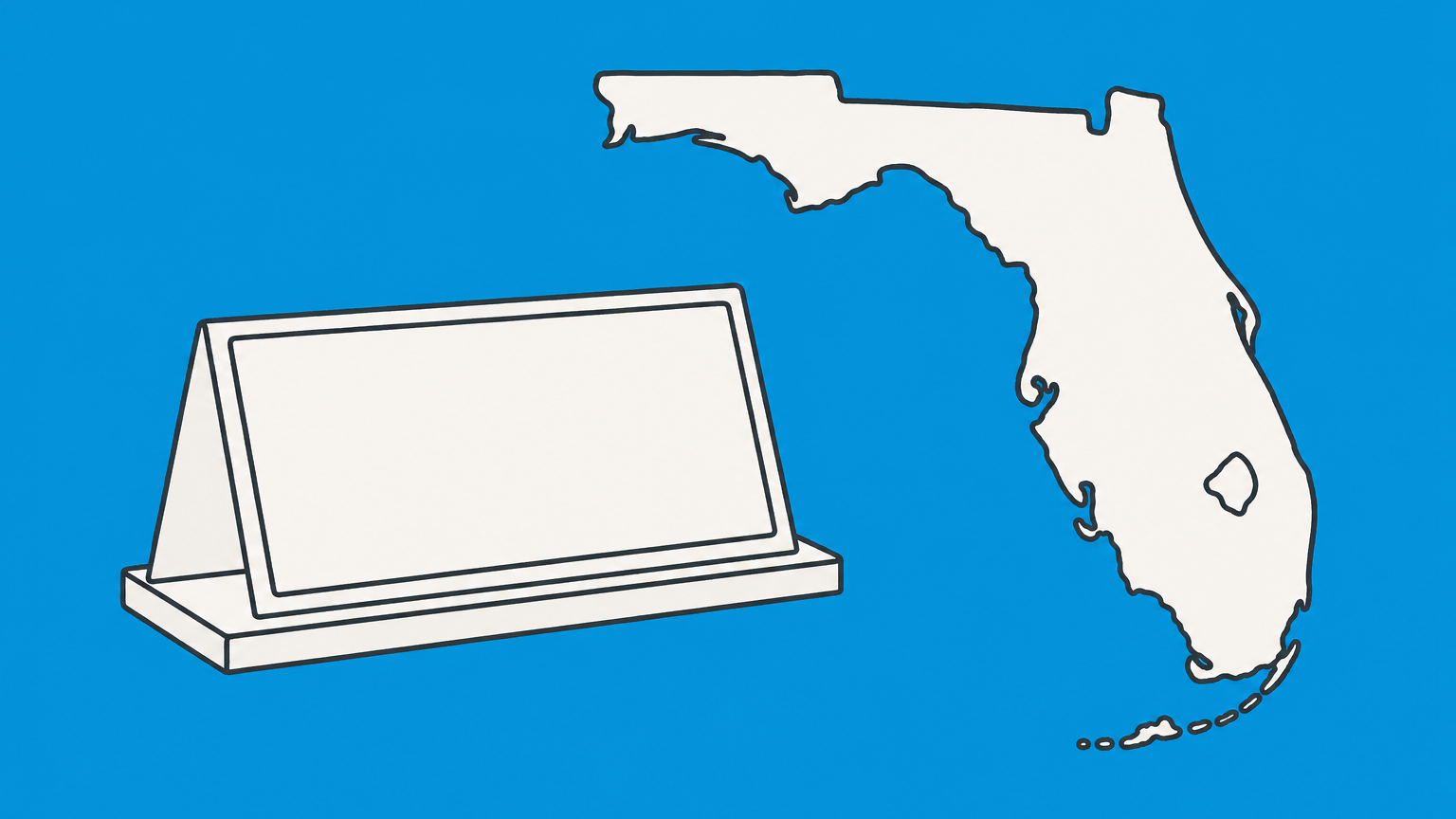Flat illustration of a desk name placard beside the outline of Florida, representing the AMBR title on Sunbiz records