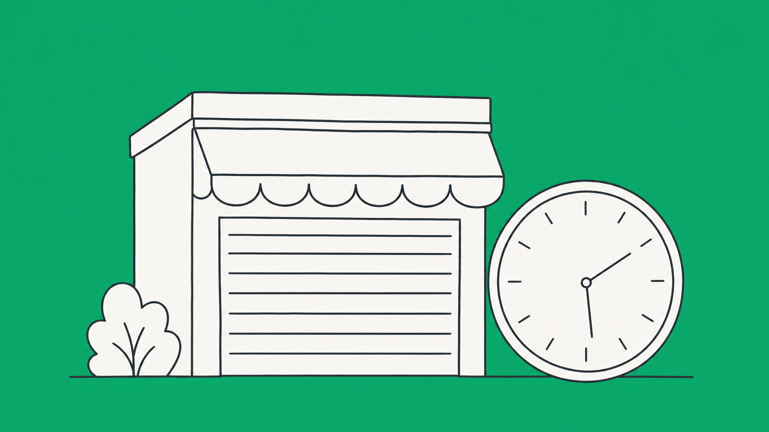 Flat illustration of a shuttered storefront beside a clock, representing an inactive LLC