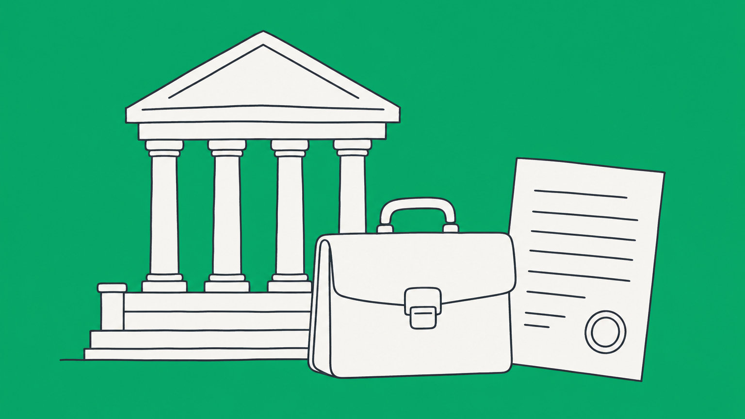 Flat illustration of a courthouse beside a briefcase and summons, representing proof of jury duty for work