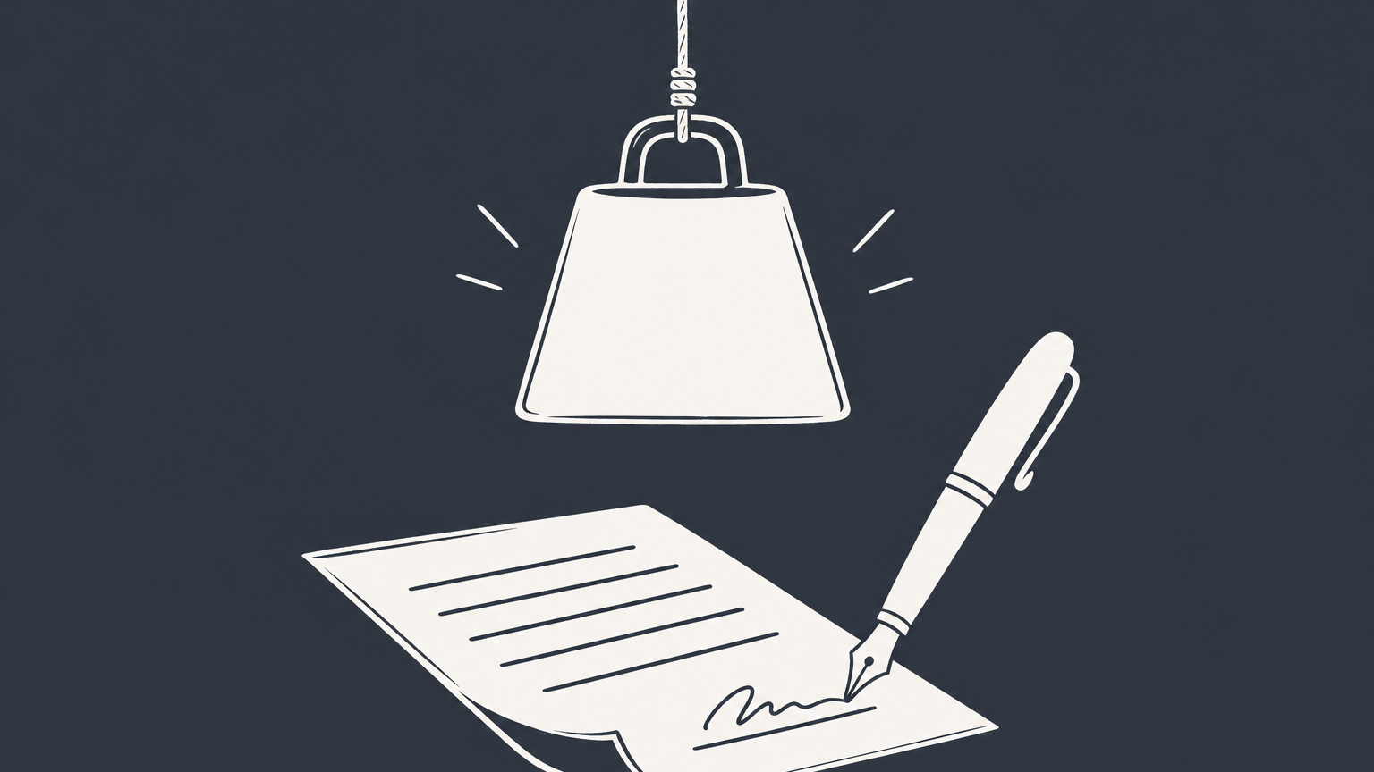 Flat illustration of a pen signing a contract beneath a hanging weight, representing a contract signed under duress