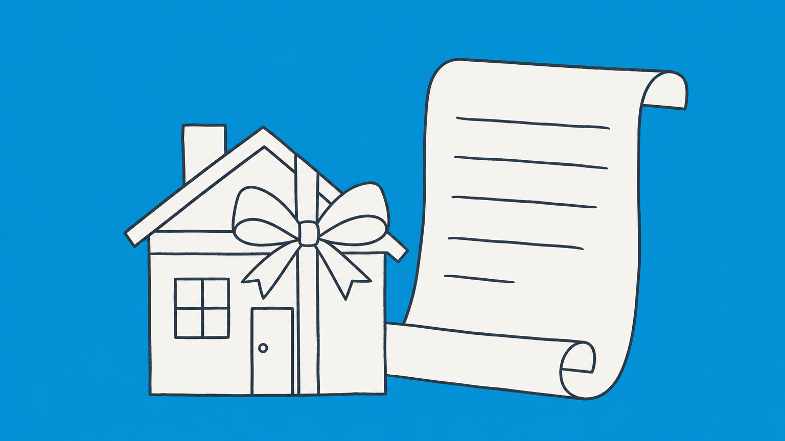 Flat illustration of a house with a gift ribbon beside a rolled deed, representing a deed of gift