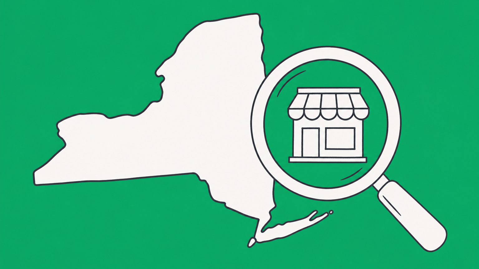 Flat illustration of the New York State outline with a magnifying glass over a storefront, representing an NY LLC lookup