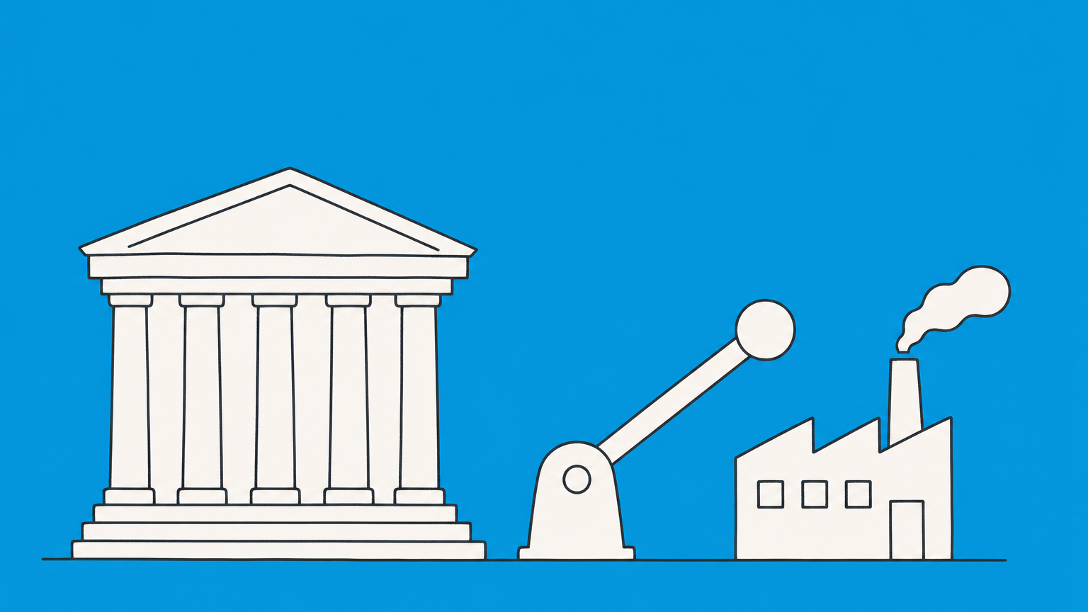 Flat illustration of a government building with a lever beside a factory, representing government intervention in the economy