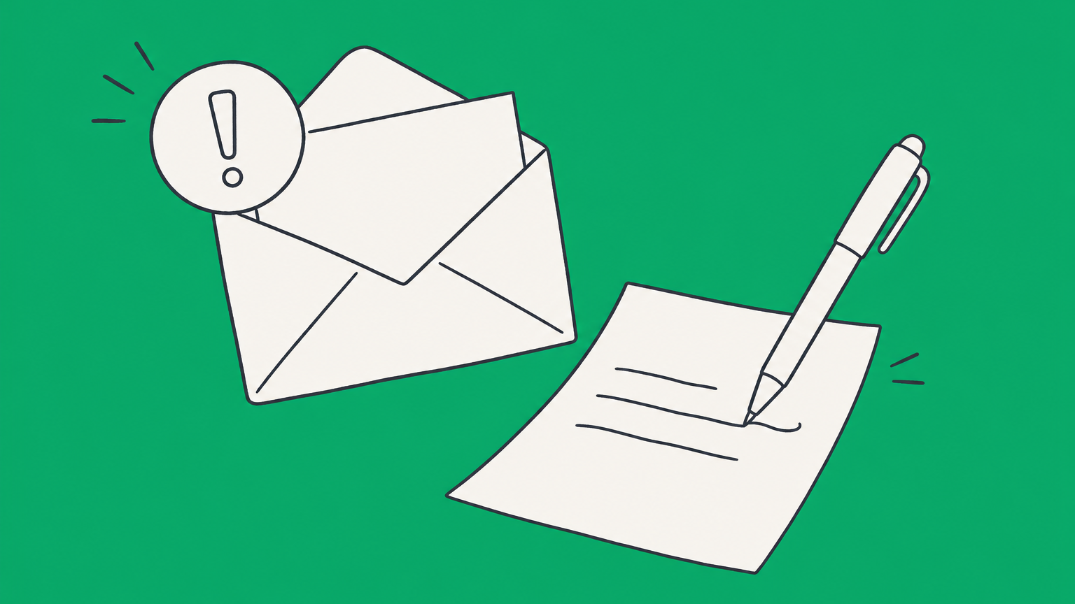 Flat illustration of an opened letter with an exclamation badge beside a written reply, representing responding to a demand letter