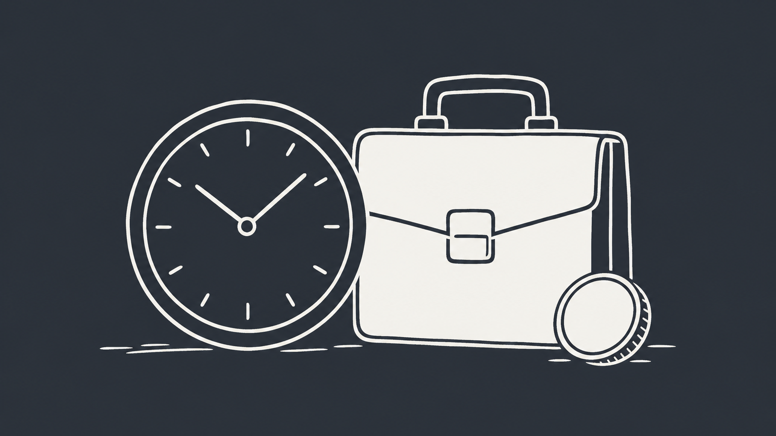 Flat illustration of a clock beside a briefcase and coin, representing salaried employee working hours