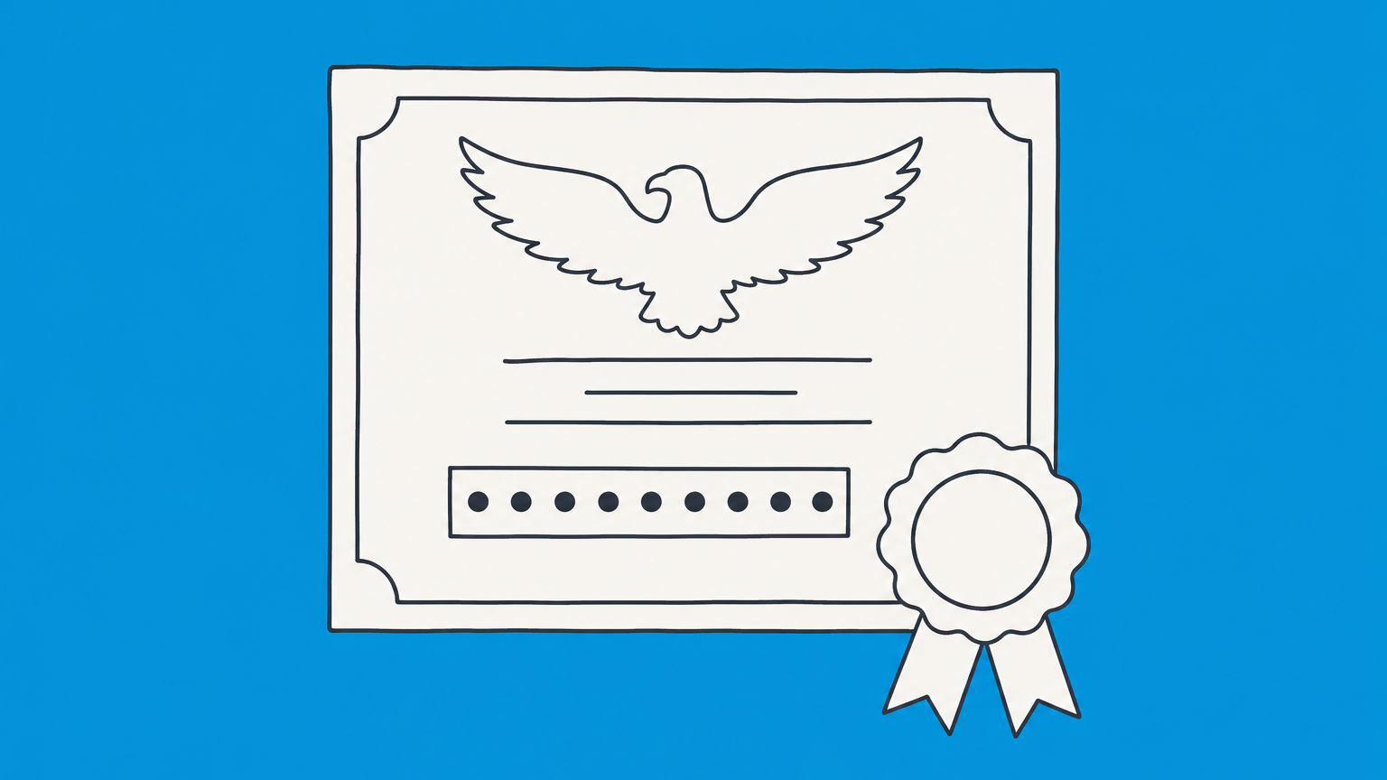 Flat illustration of a certificate with an eagle and number strip, representing a naturalization certificate number