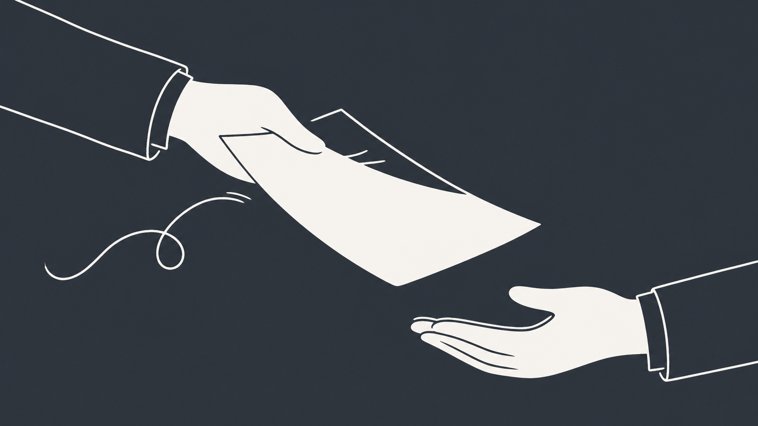 Flat illustration of a hand extending a document to another hand, representing types of offer in contract law