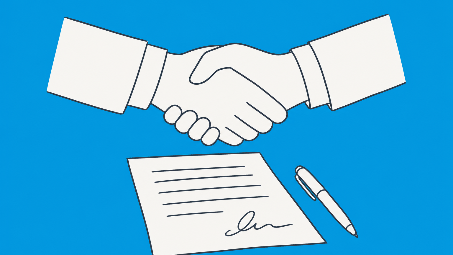 Flat illustration of two hands shaking above a signed contract, representing when a contract becomes binding