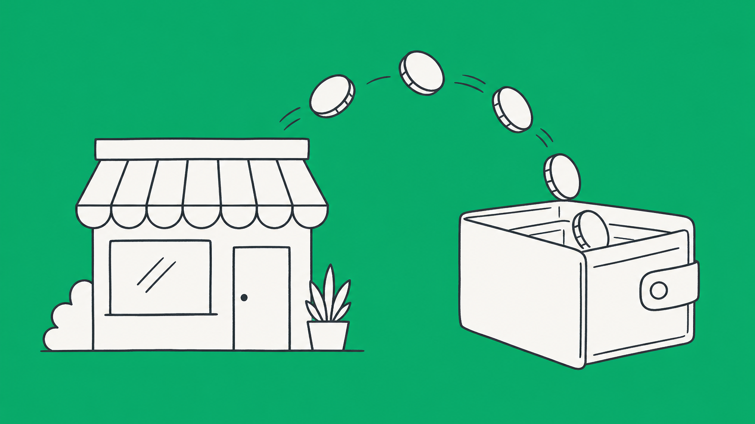Flat illustration of a storefront with coins flowing into a wallet, representing income from an LLC