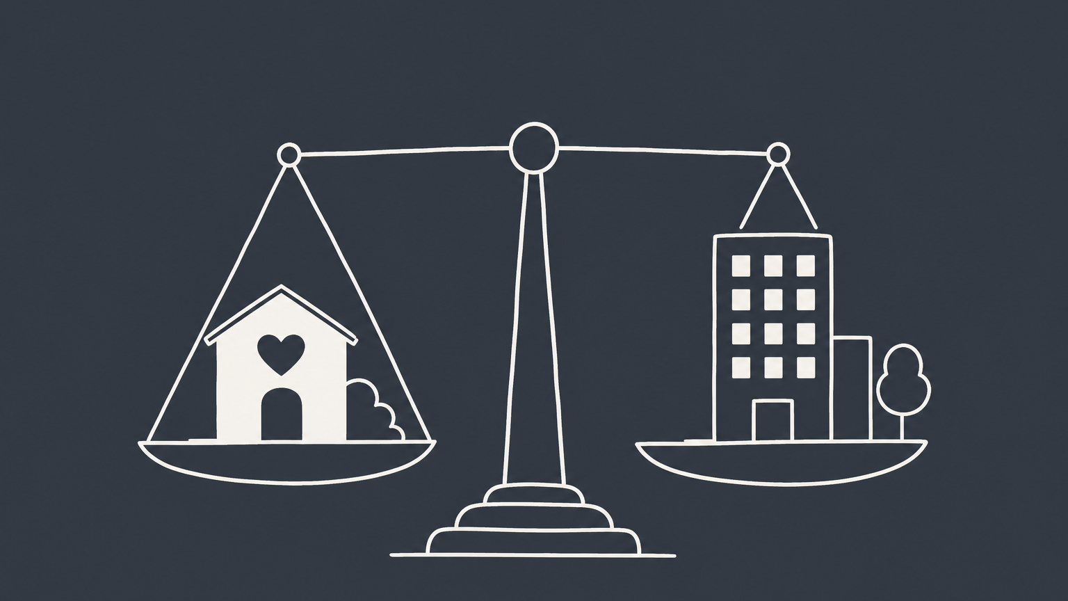 Flat illustration of a heart-emblem building and office tower on a balance scale, representing nonprofit versus C corporation status