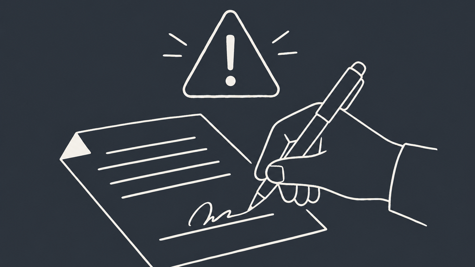 Flat illustration of a hand signing a document beneath a warning triangle, representing a forged signature on a contract