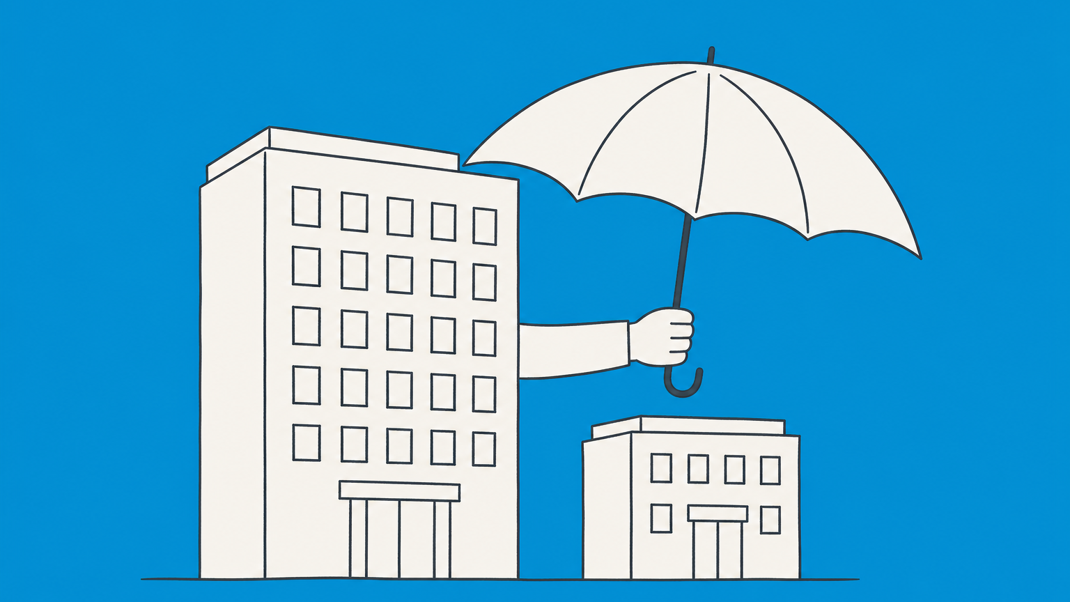 Flat illustration of a large building holding an umbrella over a smaller building, representing a corporate guarantee