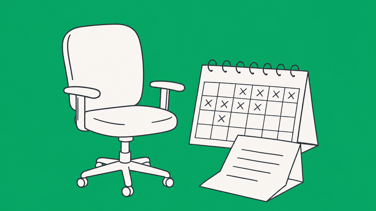 Flat illustration of an empty office chair beside a calendar with crossed-out days and a notice letter, representing termination for absenteeism