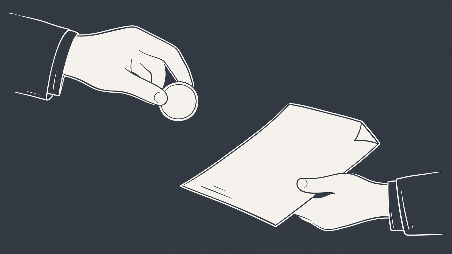Flat illustration of two hands exchanging a coin and a document, representing consideration in a contract