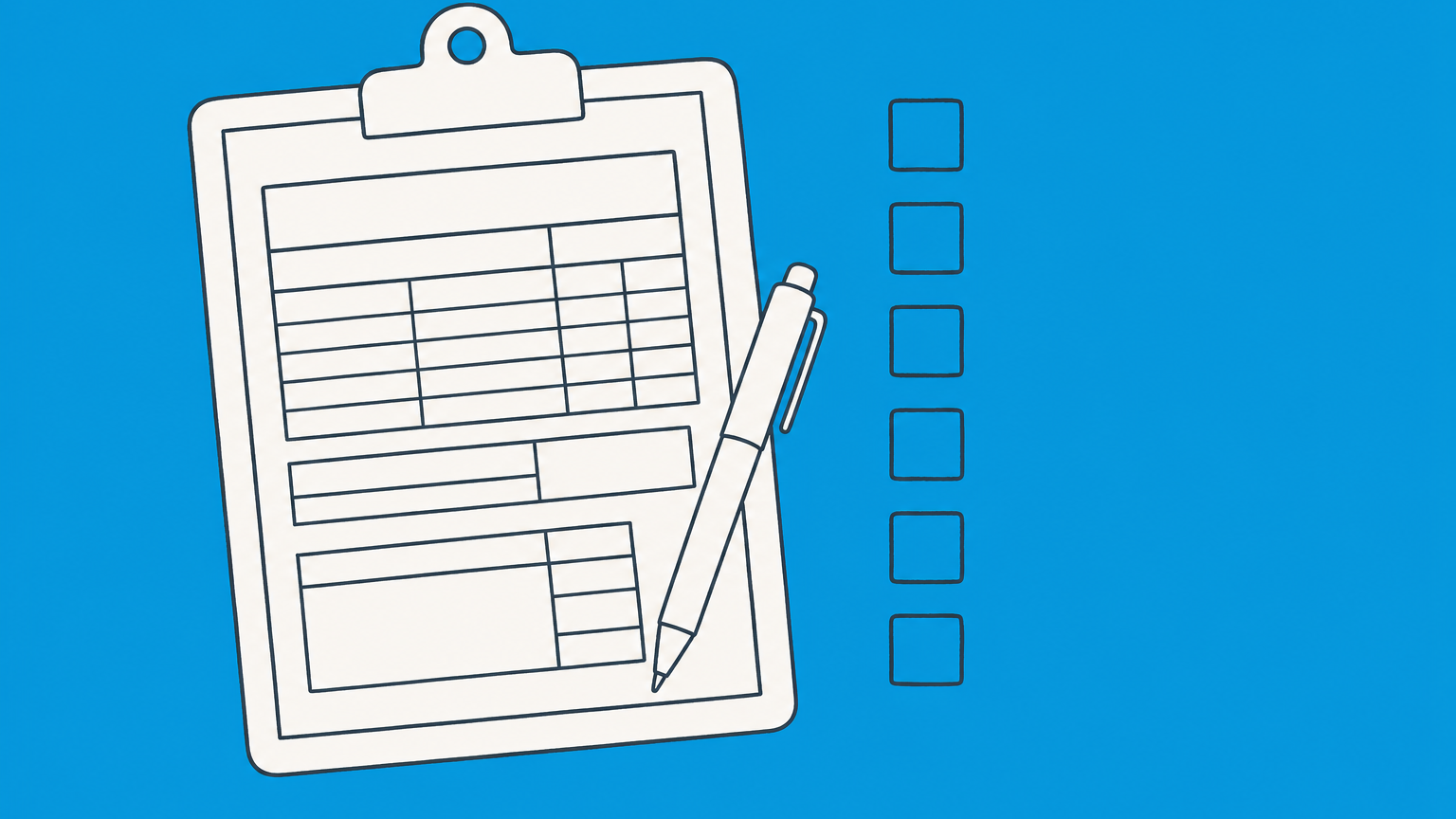 Flat illustration of a tax form on a clipboard with a pen and checkboxes, representing when a W-9 is required