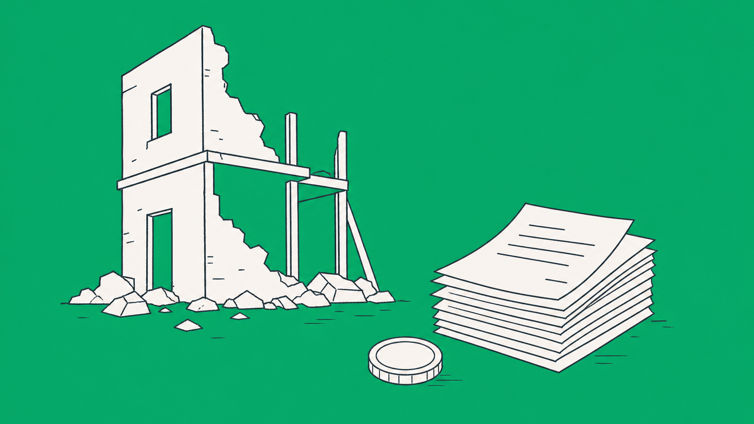 Flat illustration of a partially dismantled building beside invoices and a coin, representing dissolved company debt
