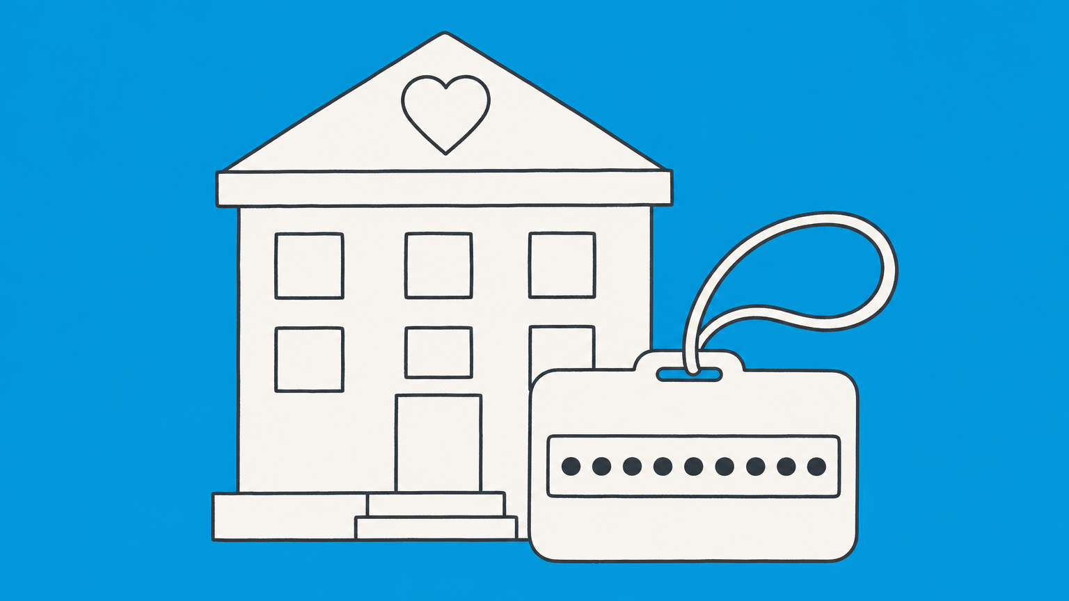 Flat illustration of a nonprofit building with a heart above the door next to an identification tag, representing a nonprofit tax ID number
