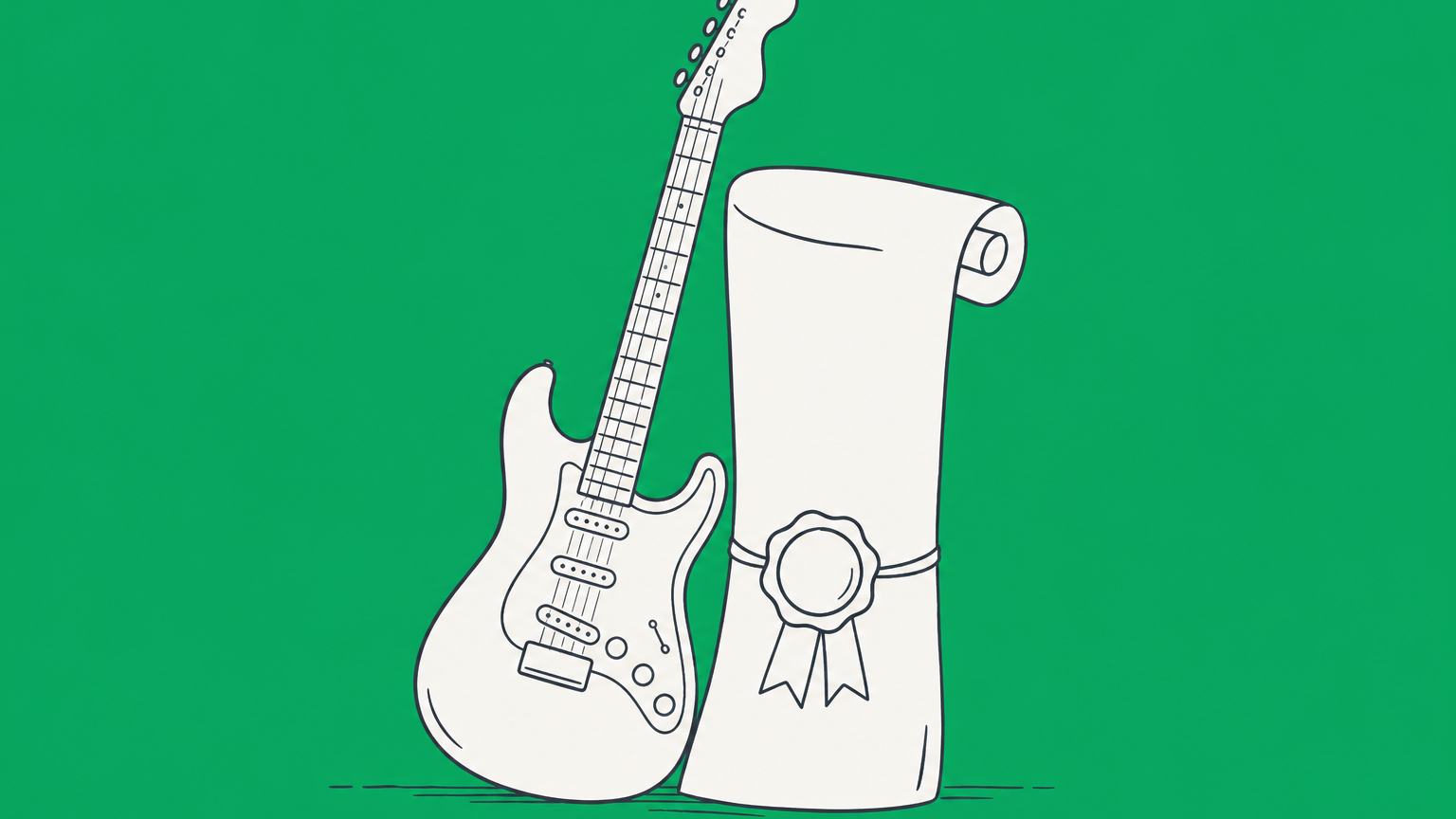 Flat illustration of an electric guitar beside a rolled will document with a seal, representing Jerry Garcia's will